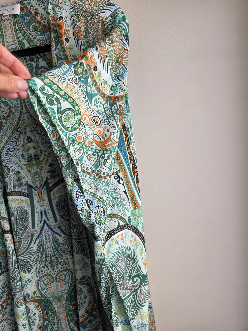 ACOA Boho Paisley Floral Satin Longline Kimono Duster Green Multi S/M - Picture 7 of 11